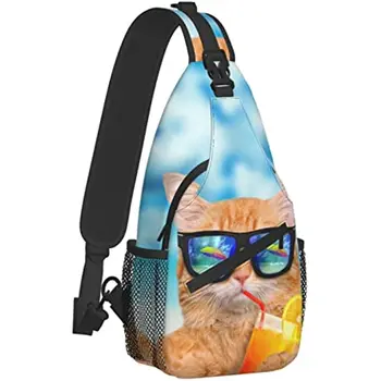 Пляжная Оранжевая сумка-слинг с котом, рюкзак через плечо, Женская Мужская дорожная нагрудная сумка, Повседневный спорт на открытом воздухе, Бег, Пешие прогулки, Повседневный Унисекс