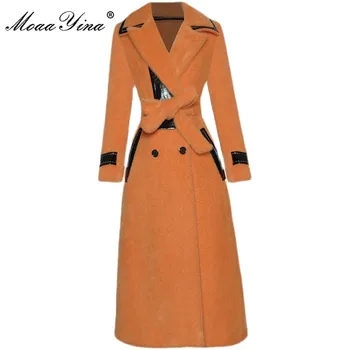 MoaaYina/ Дизайнерский осенне-зимний теплый тренч, Женский отложной воротник, Длинный рукав, Двубортный пояс, Оранжевая верхняя одежда, пальто