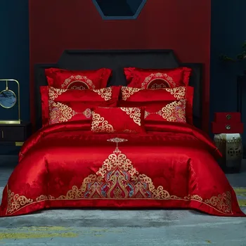 Красный Свадебный комплект постельного белья из длинного штапельного хлопка 1000TC, Роскошный Пододеяльник с золотой вышивкой, Простыня, Наволочки размера 