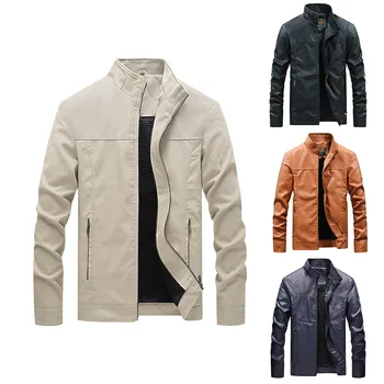 Мужская мотоциклетная куртка, Новые мужские пальто из искусственной кожи со стоячим воротником, кожаные байкерские куртки, Мотоциклетная кожаная куртка M-4XL