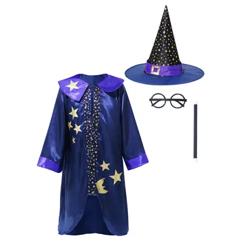 Детские костюмы фокусника на Хэллоуин, реквизит для Косплея, воротник с клапаном, плащ с длинными рукавами и принтом звезды + Волшебная палочка + Очки + Наборы остроконечных шляп