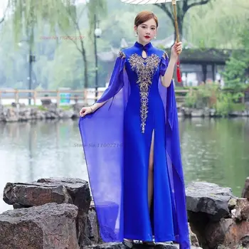 китайское винтажное платье 2023 года, улучшенное ципао, национальный цветок, шифон с блестками, вечернее платье чонсам, vestido, восточное банкетное платье