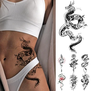 Водонепроницаемая временная татуировка-наклейка Черный Дракон, Змея, Пион, Роза, Тотем, флэш-Тату, Женская, Мужская, Темная, сексуальная, на талии, на руке, поддельные татуировки