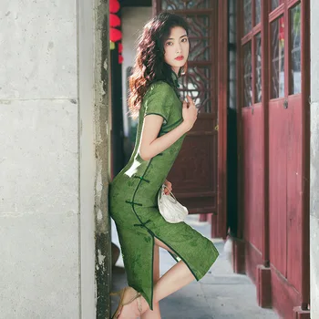 Yourqipao 2023 Летний Классический Лесной зеленый Чонсам, Улучшенное вечернее платье в китайском стиле Ципао для женщин