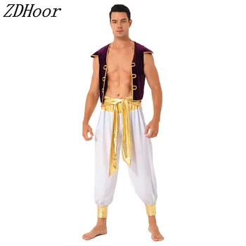 Мужской костюм Арабского принца для ролевых игр, Маскарадное платье на Хэллоуин, Бальные наряды, Жилет с рукавом-кепкой, Жилет с поясом, шаровары, брюки