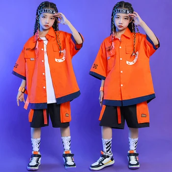 Детская Бальная одежда в стиле хип-хоп, Наряды Kpop, Оранжевая Рубашка, Шорты-карго Для девочек И мальчиков, одежда для джазовых танцев, Костюм для подростков, Уличная одежда