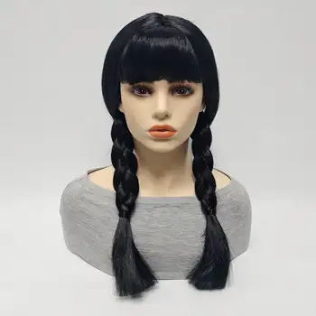 Парик Wednesday Addams для женщин, косплей, черный, с двумя косами, Модный синтетический парик Высокого качества, бесплатная доставка и дешевые парики