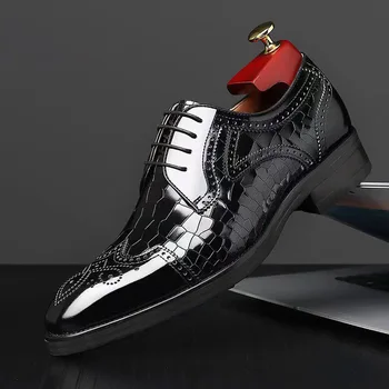Обувь для Мужчин Ручной работы, Мужские Оксфорды с Острым Носком, Черные Кожаные Туфли с перфорацией типа 