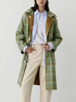Новинка 2023 года, двусторонняя одежда, Женский ретро клетчатый тренч средней длины, однобортный с большими карманами, Женская куртка с капюшоном