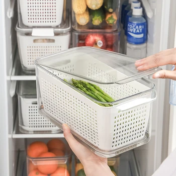 Пластиковый ящик для хранения холодильника Crisper, Корзина для слива, Для мытья фруктов и овощей с крышкой, Белый контейнер для хранения, Кухня