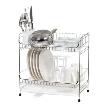 Элегантная двухъярусная подставка для посуды среднего размера из белой нержавеющей стали со сливным носиком, идеально подходящая для домашнего использования.