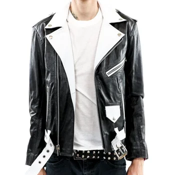 Мужская куртка ручной работы из натуральной кожи, байкерская мотоциклетная куртка с поясом, черно-белое пальто