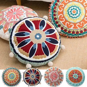 Марокканский этнический круглый чехол для подушки с цветочной вышивкой в виде Мандалы, Домашний декор для гостиной, наволочка с шариком, Индийский декоративный