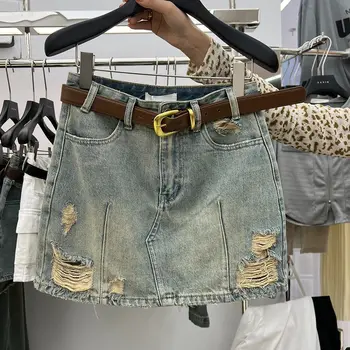 Дырявая, изношенная легкая джинсовая юбка трапециевидной формы, новый дизайн на весну-лето 2023, юбка с высокой талией, короткая юбка