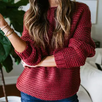 Вязаный Свободный свитер, Женский пуловер оверсайз, осень-зима, длинный рукав, черный, Красный, серый, Повседневный теплый джемпер