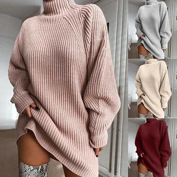 Женский Повседневный Свободный Вязаный свитер с длинным рукавом, Пуловеры с высоким воротом, Корейское модное платье-свитер, Зимняя одежда для женщин 2023