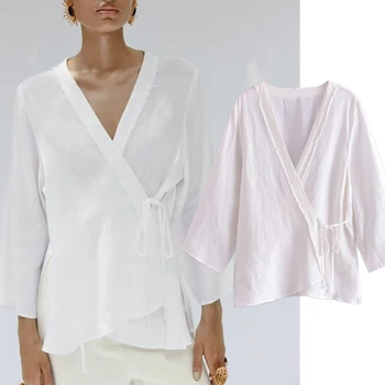 Maxdutti Простая Блузка в японском стиле, Женская Модная Льняная рубашка, Топ Белого цвета, Элегантное кимоно