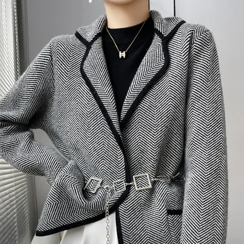 Женский кардиган, свитер из 100% чистой шерсти, новинка 2022, однотонный вязаный шерстяной свитер с длинным рукавом и лацканами, высококачественное модное пальто, топ