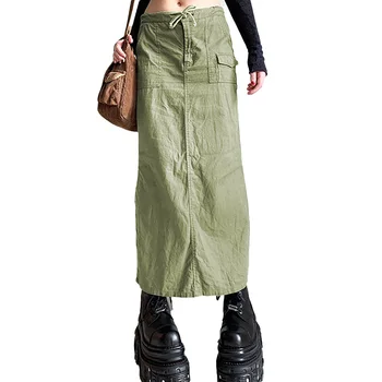 Женская Юбка-карго в стиле ретро Харадзюку, Длинная Юбка, однотонная юбка с разрезом и боковым карманом, юбка с галстуком, Повседневная Простая зеленая юбка, Уличная одежда