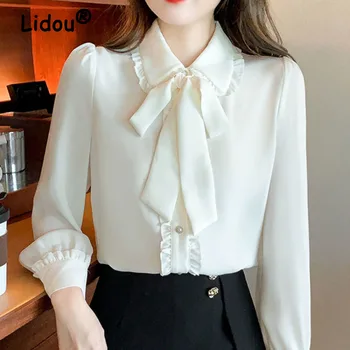 Белая шифоновая рубашка с галстуком-бабочкой 2022, Весенне-летняя корейская модная блузка, Кружевная Элегантная рубашка с длинным рукавом для женской повседневной одежды
