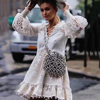 Элегантное Белое платье Vestidos с открытой Талией, Популярная Уличная Мода, Глубокий V-образный вырез, Длинный рукав, Однотонное Сексуальное Платье