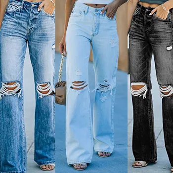 Летние Длинные джинсы с отверстиями для стирки, Женские джинсы, Женские джинсы, Женская одежда с высокой талией, Синие Джинсы, прямые джинсы