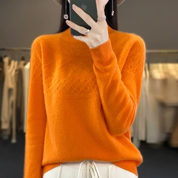 Новый осенне-зимний свитер, женский модный свитер с полувысоким вырезом и длинным рукавом из 100% шерсти, первоклассный готовый к носке свитер