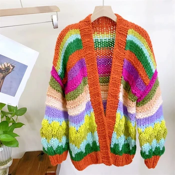 Женский красочный радужный мохеровый свитер крупной вязки ручной работы, объемный кардиган, теплый, осень-зима 2023, новинка