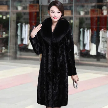 Женское зимнее теплое черное пальто с воротником из лисьего меха средней длины из норки, толстый и элегантный размер
