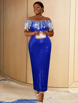 Синее вечернее платье с блестками, Сексуальное Платье с открытыми плечами и кисточками, Блестящее Стильное Африканское Женское Вечернее платье Макси для Знаменитостей Большого Размера 2023