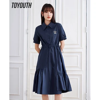 Женское платье-рубашка Toyouth, Лето 2023, Поло с коротким рукавом, Вырез А-образной формы, эластичный пояс, нерегулярный подол, Повседневная шикарная юбка средней длины