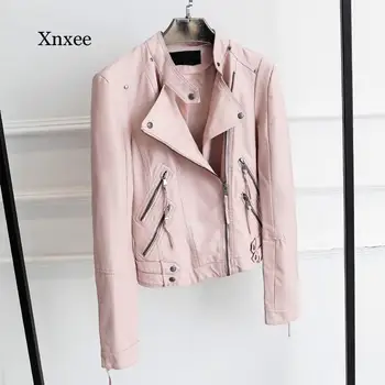 Новая Женская модная куртка из искусственной кожи на молнии, Приталенный Дизайн с длинным рукавом, Черная Розовая мотоциклетная куртка из искусственной кожи