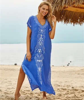 Летняя женская пляжная одежда с богемным принтом, Кафтан, Пляжное платье, Хлопковая Туника, Одежда для плавания, Халат для пляжа