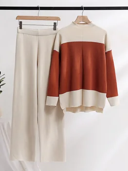 2023, Осенние новые женские утепленные трикотажные комплекты, Корейский модный контрастный вязаный топ, Свободный пуловер + широкие брюки, комплект из двух предметов