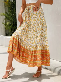 ICNGLKSND Женская плиссированная юбка Макси с высокой талией в стиле бохо с цветочным принтом, эластичный пояс, оборки, струящаяся пляжная юбка трапециевидной формы (оранжевый L)