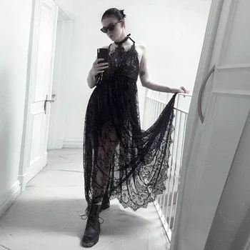 Однотонные черные сексуальные цельнокроеные платья длинной длины, пикантная кружевная перспективная юбка для девочек, сценический костюм для косплея с высокой талией