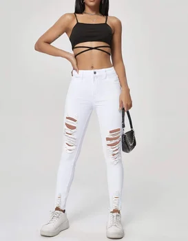 M605 # весенне-летние новые джинсы с небольшими эластичными разрывами и дырками, эластичные брюки для женщин