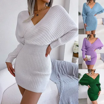 2022 Для женщин, Модное платье-свитер, Женское однотонное Сексуальное платье-летучая мышь, Женская праздничная трикотажная элегантная одежда с открытыми плечами