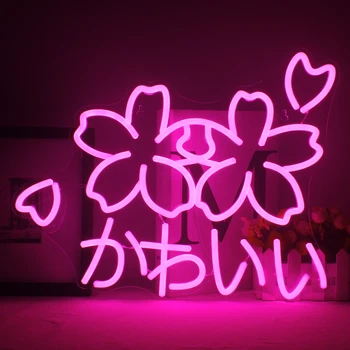 Неоновая вывеска С Цветком Сакуры Цветочная Свадьба Kawaii LED Неоновый свет для вечеринки, спальни, кофейного настенного декора, Японская Цветочная световая Вывеска