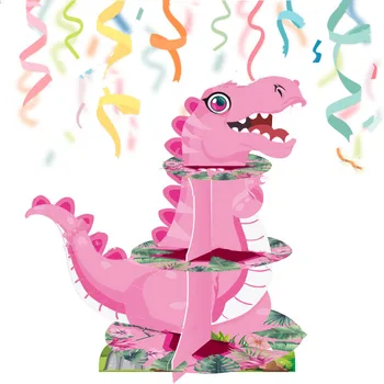 Вечеринка с розовым динозавром, Подставка для десерта с розовым Тираннозавром, 3 слоя, подставка для торта с динозавром, декор для вечеринки в честь Дня рождения динозавра в Джунглях для девочек