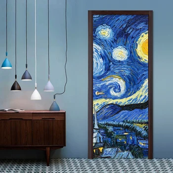 Голубое звездное небо, Картина маслом, Настенная наклейка на дверь, Современное креативное искусство, Гостиная, Детская комната, ПВХ, Водонепроницаемая самоклеящаяся 3D наклейка