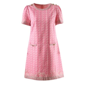 Летнее модное дизайнерское розовое платье с винтажным принтом, женское повседневное свободное мини-платье с круглым вырезом, коротким рукавом и карманами на пуговицах