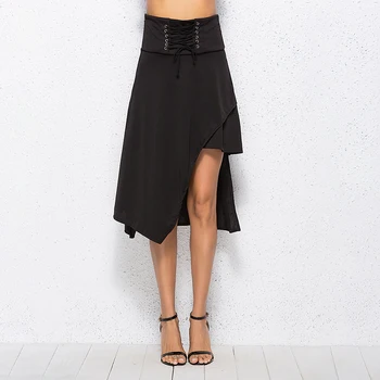 Модная женская ретро-одежда в стиле панк-рок, Цыганская однотонная Черная юбка, Женская Нерегулярная Черная юбка на шнуровке, Женская юбка