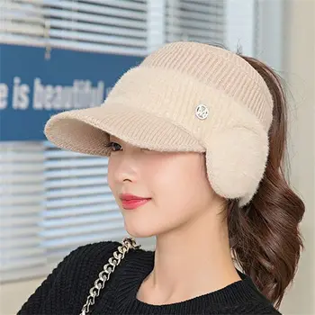 С ушанками Вязаная флисовая шапка Модная ветрозащитная шапка с пустым верхом для защиты ушей бейсболка женская