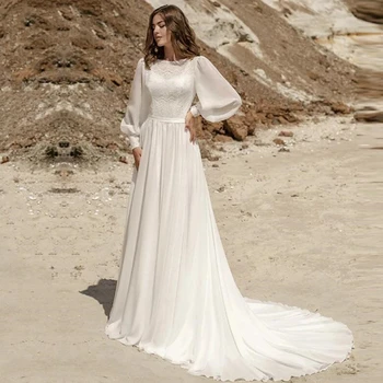 Богемные свадебные платья Трапециевидной формы с длинным рукавом 2021, Шифоновая кружевная аппликация с высоким воротом для женщин, Свадебное платье со шлейфом