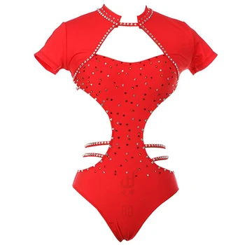 Женская цельная одежда для танцев на шесте, тренировочный костюм для соревнований с красными бриллиантами