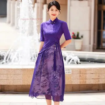 2023, улучшенное китайское платье ципао, винтажный чонсам, национальный цветочный принт, сетчатое шифоновое вечернее платье в восточном стиле ципао, vestido
