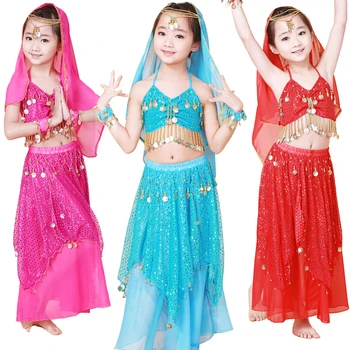 Костюм для танца живота, одежда для детских танцев, подарок для детей, индийский танец, 2 шт.-4 шт., топ, юбка, повязка на голову и браслет, 5 цветов.