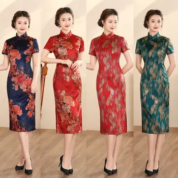 Летнее атласное платье длиной до колена с принтом горячего тиснения, Восточный Чонсам, Китайское женское платье с воротником-стойкой Qipao
