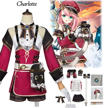 Игровой костюм для косплея Genshin Impact Charlotte, полный комплект Париков, Униформа, костюм для косплея Charlotte со шляпой